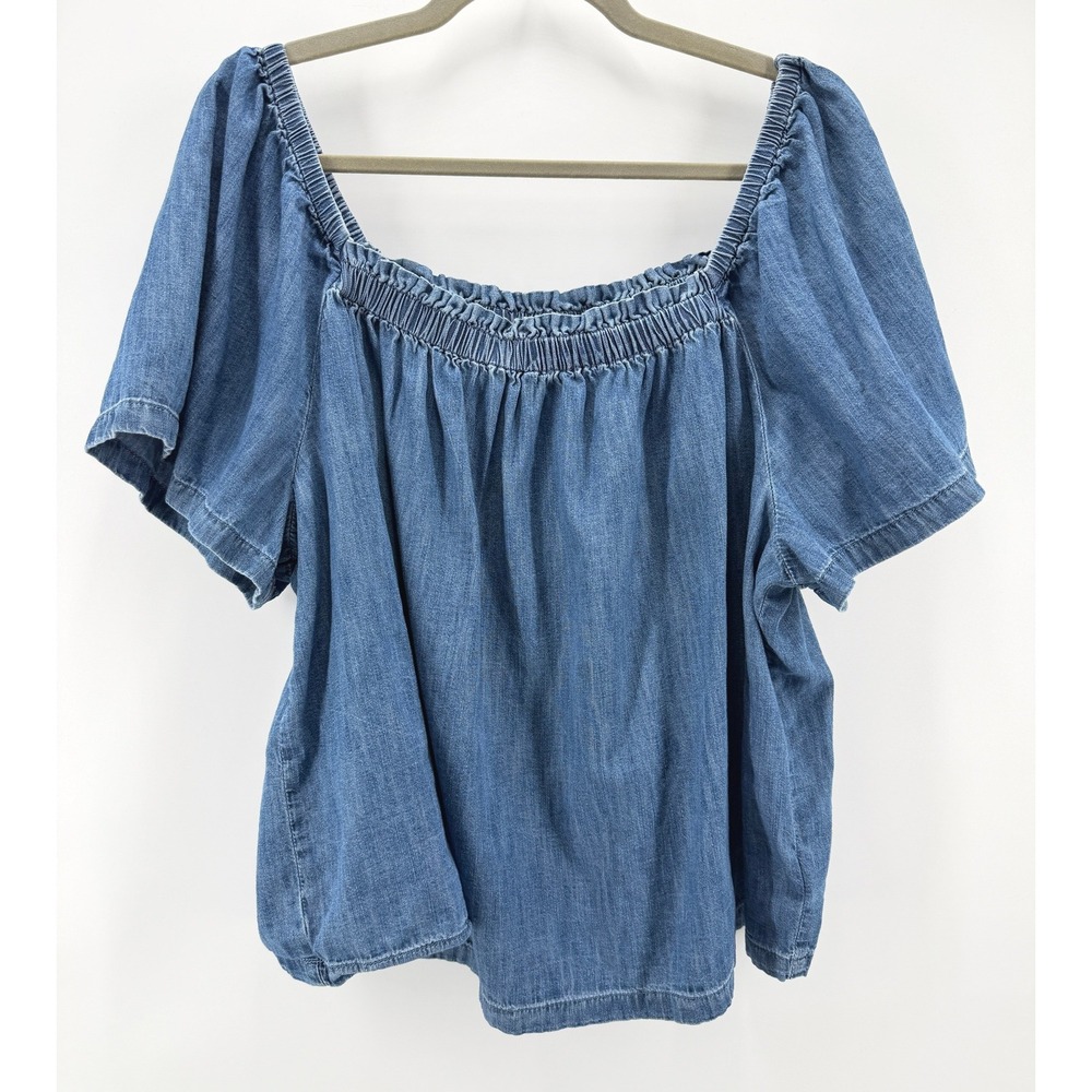Gap Denim Square Neck Blue Shirt Relaxed Fit Chambray Smocked Stretch Women XL